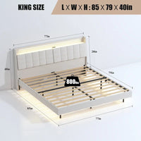 Lit plateforme flottant tapissé beige King Size avec tête de lit et espace de rangement caché