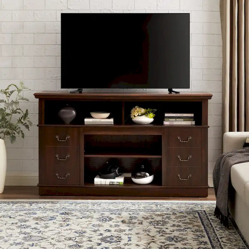 Meuble TV traditionnel de 60 po avec espaces de rangement ouverts et fermés pour téléviseurs allant jusqu'à 65 po