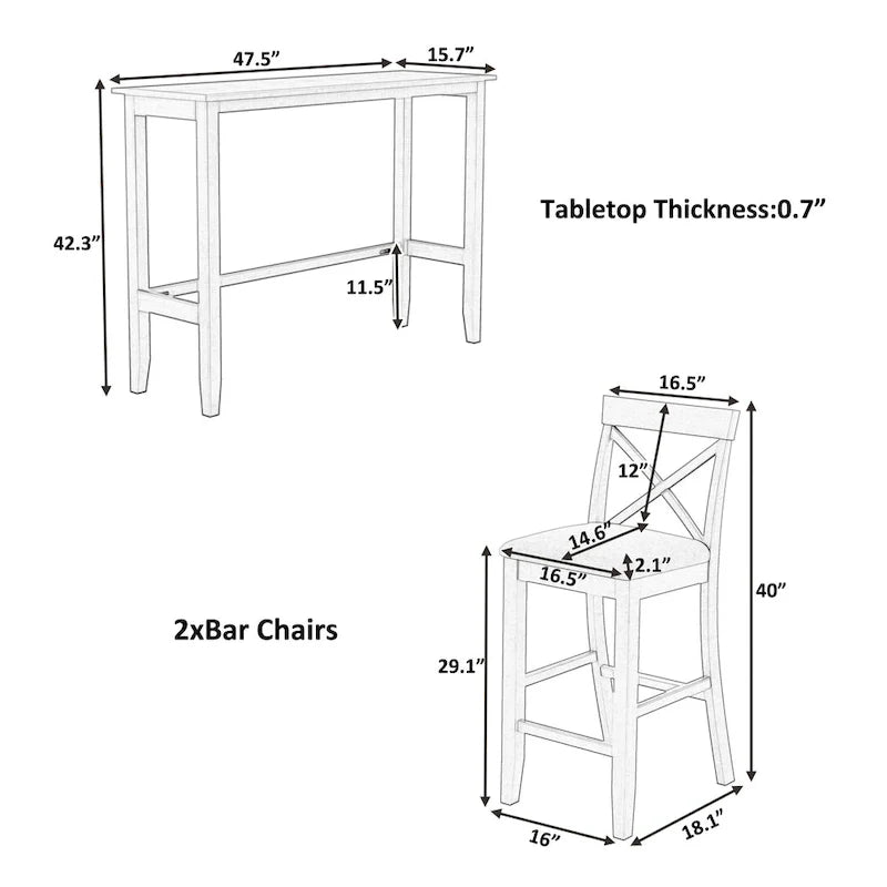 Ensemble de salle à manger 3 pièces style ferme avec table rectangulaire et 2 chaises