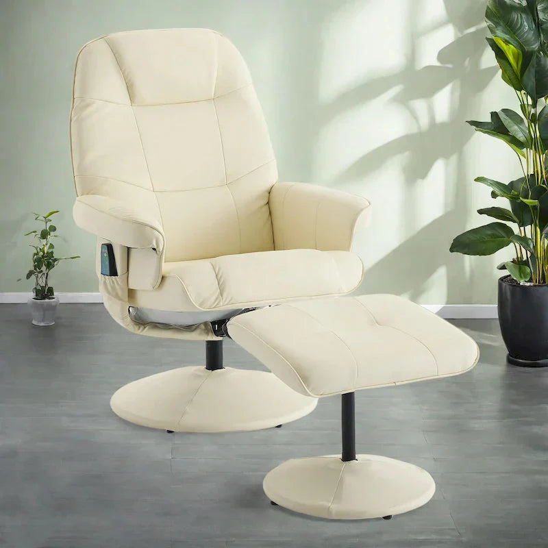Fauteuil de Massage Inclinable Pivotant 360° en Cuir PU avec Pouf, Assise Massante et Chauffante, Dossier Réglable 140°