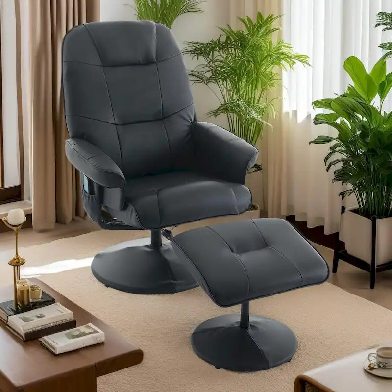 Fauteuil de Massage Inclinable Pivotant 360° en Cuir PU avec Pouf, Assise Massante et Chauffante, Dossier Réglable 140°