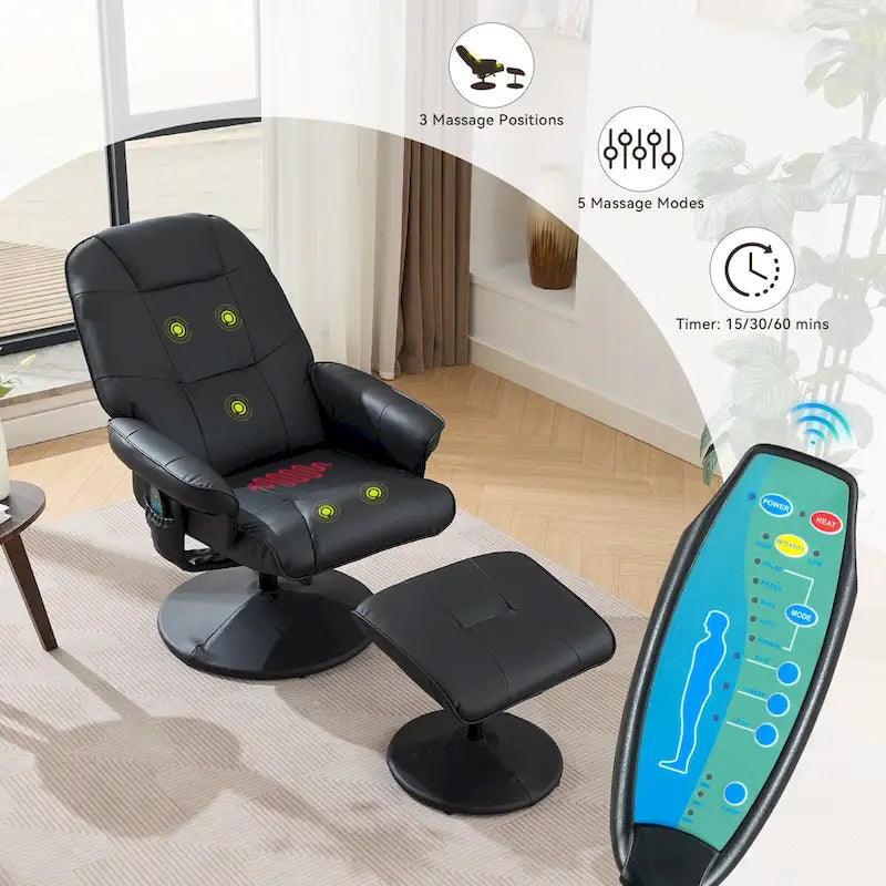 Fauteuil de Massage Inclinable Pivotant 360° en Cuir PU avec Pouf, Assise Massante et Chauffante, Dossier Réglable 140°