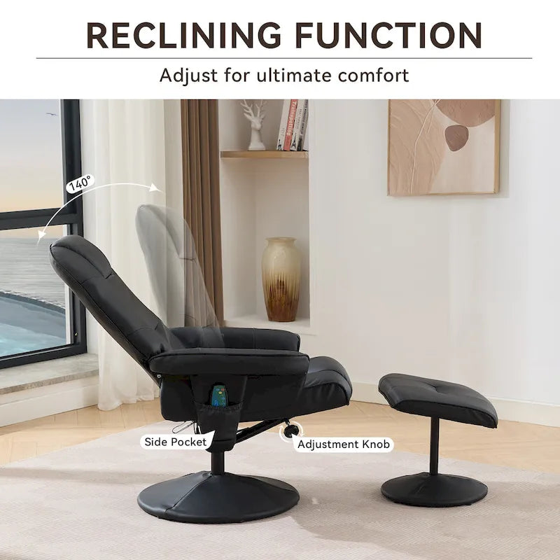 Fauteuil de Massage Inclinable Pivotant 360° en Cuir PU avec Pouf, Assise Massante et Chauffante, Dossier Réglable 140°