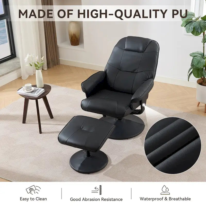 Fauteuil de Massage Inclinable Pivotant 360° en Cuir PU avec Pouf, Assise Massante et Chauffante, Dossier Réglable 140°
