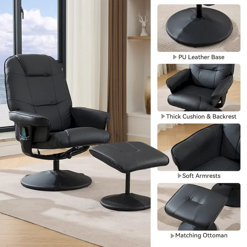 Fauteuil de Massage Inclinable Pivotant 360° en Cuir PU avec Pouf, Assise Massante et Chauffante, Dossier Réglable 140°