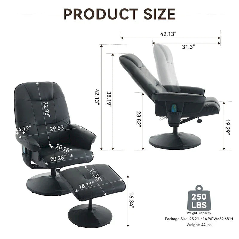 Fauteuil de Massage Inclinable Pivotant 360° en Cuir PU avec Pouf, Assise Massante et Chauffante, Dossier Réglable 140°