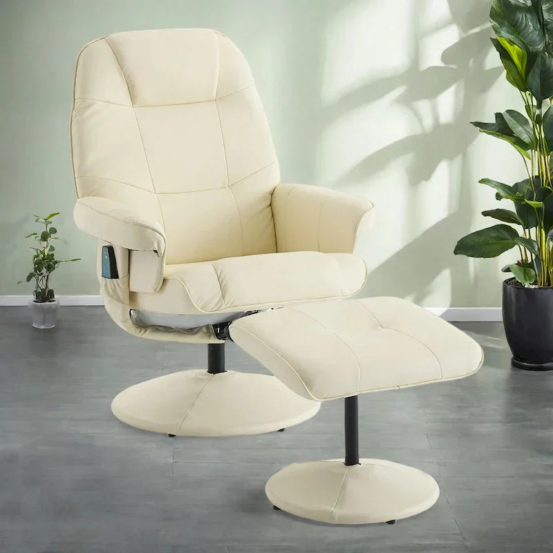 Fauteuil de Massage Inclinable Pivotant 360° en Cuir PU avec Pouf, Assise Massante et Chauffante, Dossier Réglable 140°