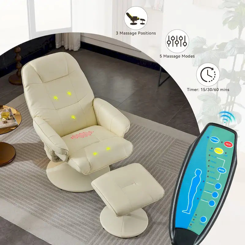 Fauteuil de Massage Inclinable Pivotant 360° en Cuir PU avec Pouf, Assise Massante et Chauffante, Dossier Réglable 140°