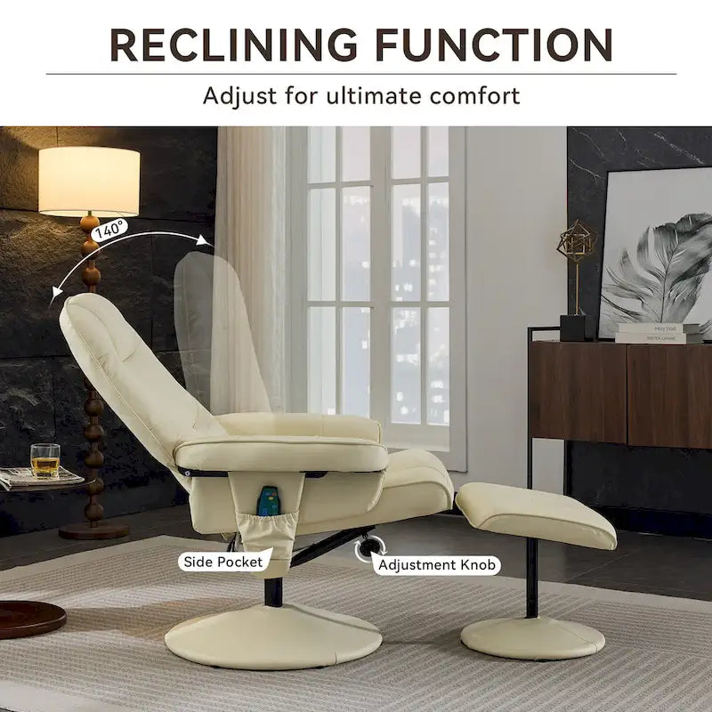 Fauteuil de Massage Inclinable Pivotant 360° en Cuir PU avec Pouf, Assise Massante et Chauffante, Dossier Réglable 140°