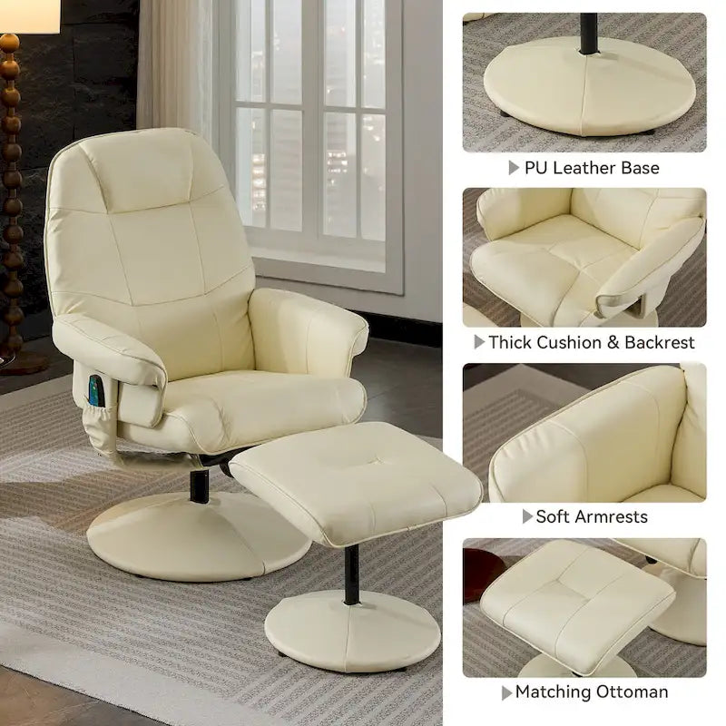 Fauteuil de Massage Inclinable Pivotant 360° en Cuir PU avec Pouf, Assise Massante et Chauffante, Dossier Réglable 140°