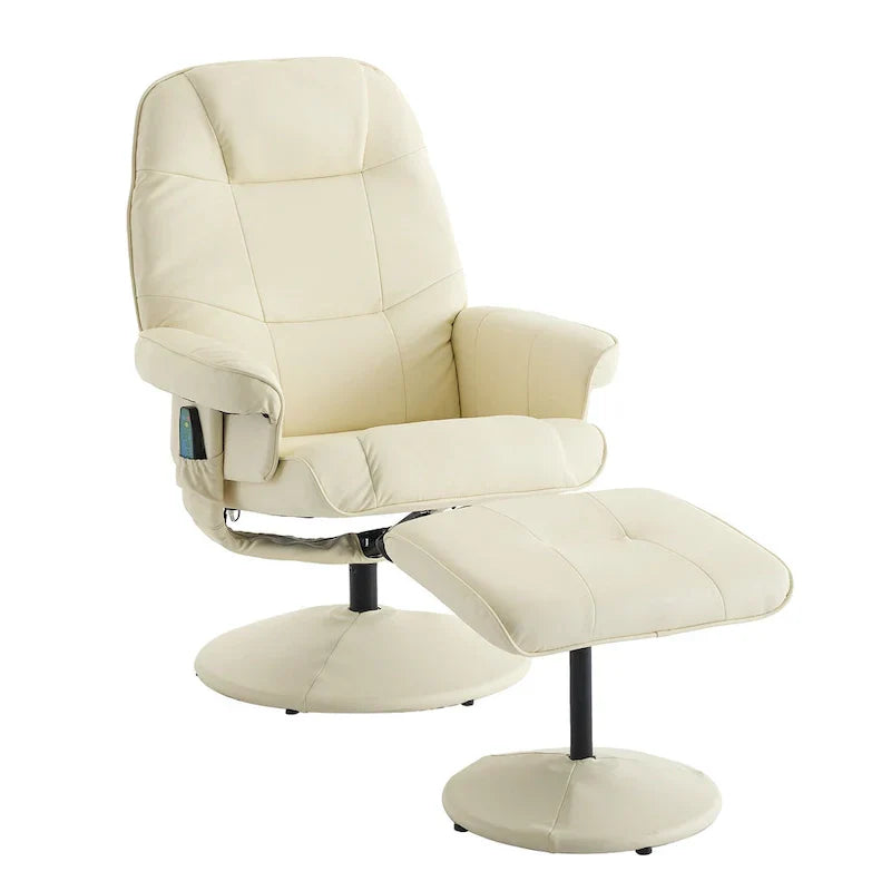 Fauteuil de Massage Inclinable Pivotant 360° en Cuir PU avec Pouf, Assise Massante et Chauffante, Dossier Réglable 140°