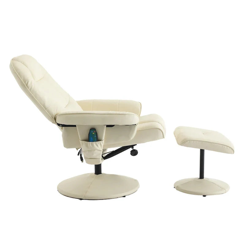 Fauteuil de Massage Inclinable Pivotant 360° en Cuir PU avec Pouf, Assise Massante et Chauffante, Dossier Réglable 140°