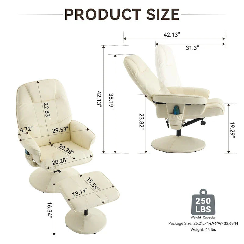 Fauteuil de Massage Inclinable Pivotant 360° en Cuir PU avec Pouf, Assise Massante et Chauffante, Dossier Réglable 140°