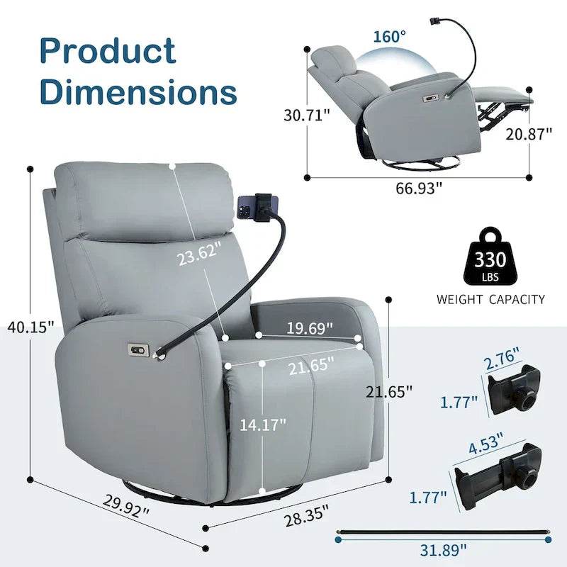 Fauteuil Inclinable Pivotant Électrique en PU avec Rotation 270°, Inclinaison Électrique 95-160° et Double Port USB - Capacité 330lb