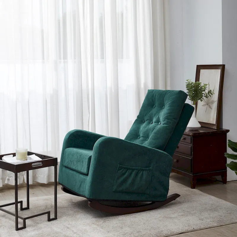 Fauteuil à bascule moderne 28.74 à dossier haut rembourré capitonné à boutons avec pieds en bois massif et poche latérale