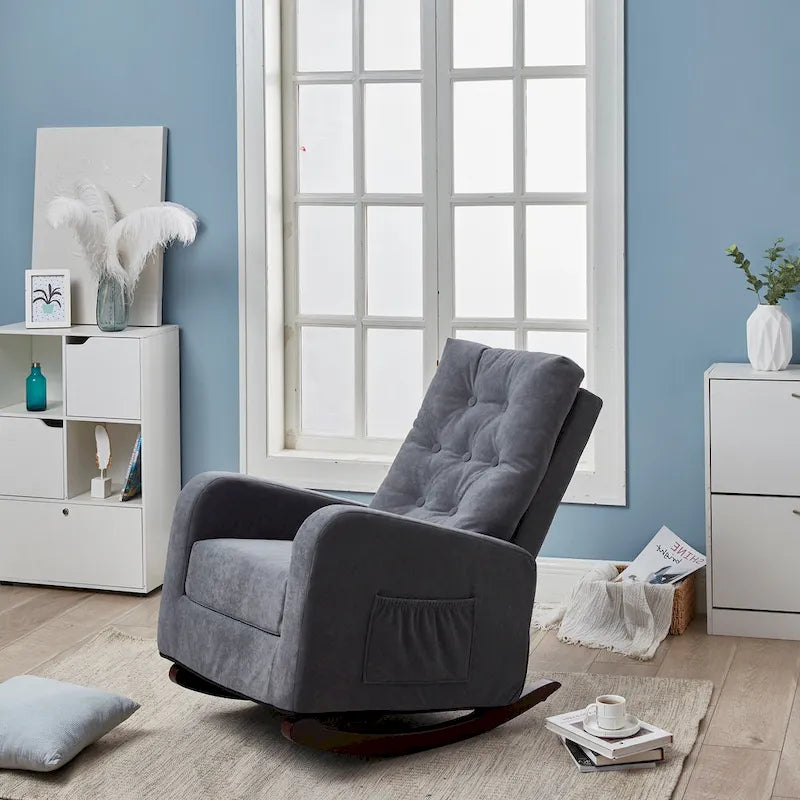 Fauteuil à bascule moderne 28.74 à dossier haut rembourré capitonné à boutons avec pieds en bois massif et poche latérale