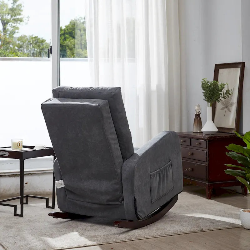 Fauteuil à bascule moderne 28.74 à dossier haut rembourré capitonné à boutons avec pieds en bois massif et poche latérale