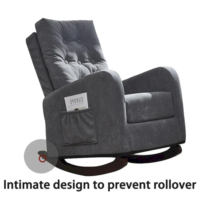 Fauteuil à bascule moderne 28.74 à dossier haut rembourré capitonné à boutons avec pieds en bois massif et poche latérale