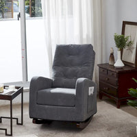 Fauteuil à bascule moderne 28.74 à dossier haut rembourré capitonné à boutons avec pieds en bois massif et poche latérale