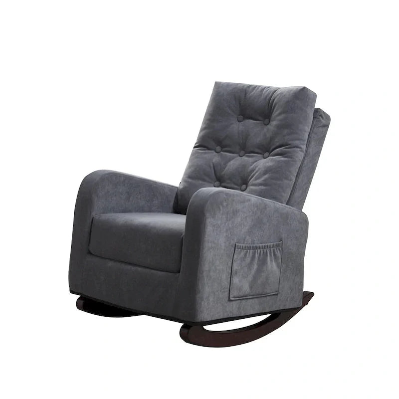 Fauteuil à bascule moderne 28.74 à dossier haut rembourré capitonné à boutons avec pieds en bois massif et poche latérale