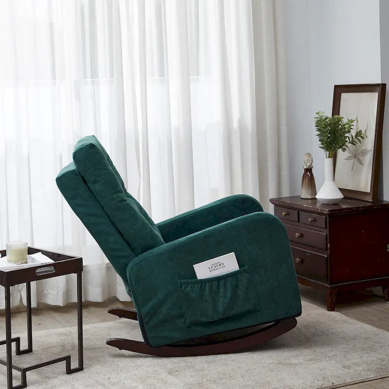 Fauteuil à bascule moderne 28.74 à dossier haut rembourré capitonné à boutons avec pieds en bois massif et poche latérale