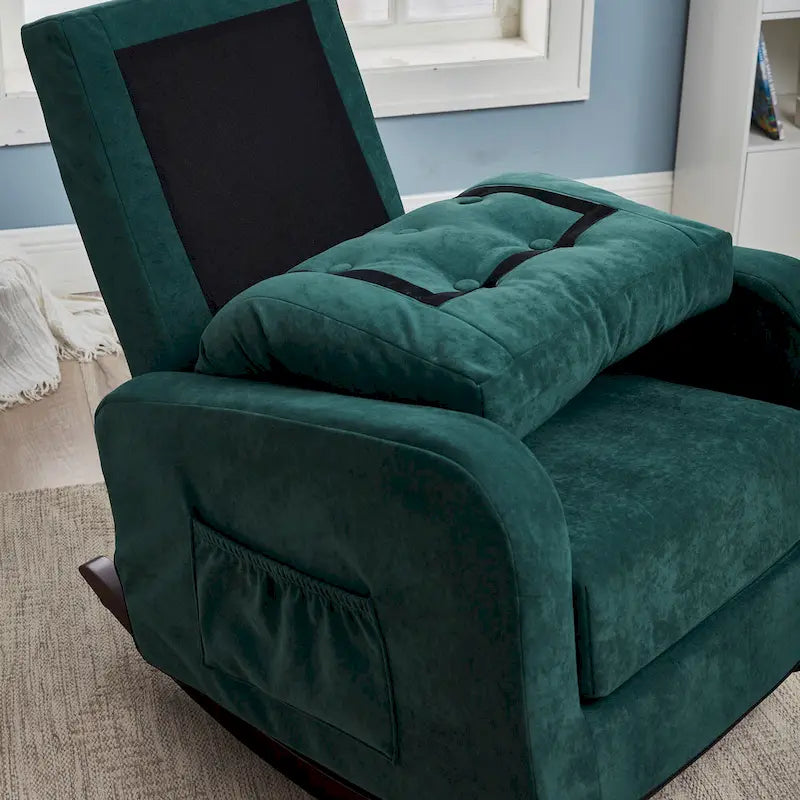 Fauteuil à bascule moderne 28.74 à dossier haut rembourré capitonné à boutons avec pieds en bois massif et poche latérale