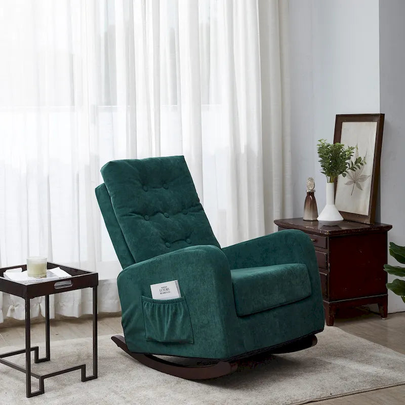 Fauteuil à bascule moderne 28.74 à dossier haut rembourré capitonné à boutons avec pieds en bois massif et poche latérale