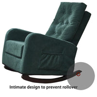 Fauteuil à bascule moderne 28.74 à dossier haut rembourré capitonné à boutons avec pieds en bois massif et poche latérale