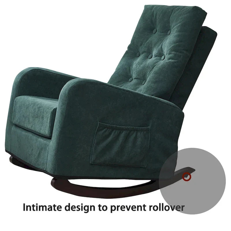 Fauteuil à bascule moderne 28.74 à dossier haut rembourré capitonné à boutons avec pieds en bois massif et poche latérale