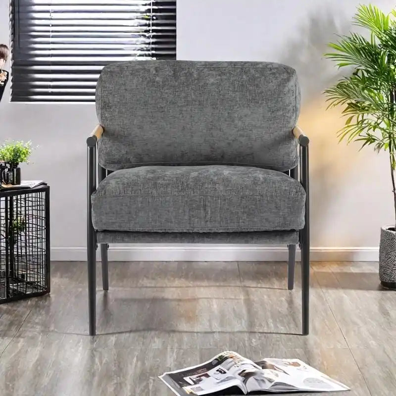 Fauteuil d'appoint en polyester avec cadre en métal et accoudoirs en bois
