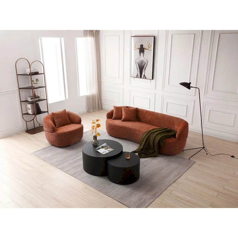 Fauteuil tonneau pivotant à 360 degrés tapissé moderne orange 34,6 pouces avec structure en bois massif
