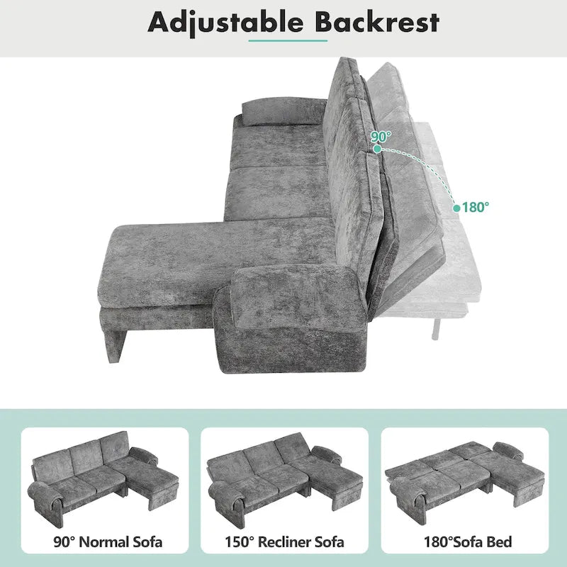 Canapé futon en chenille 94.1 en forme de L avec dossier réglable & méridienne réversible