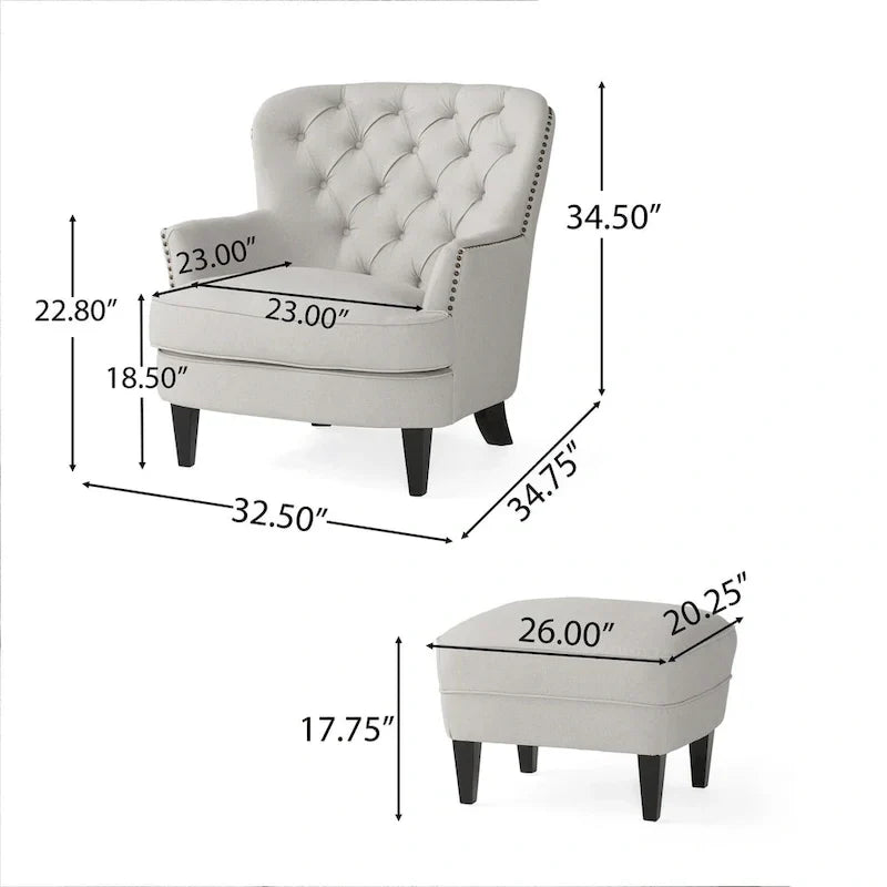 Fauteuil club moderne en tissu de 82,5 cm avec ottoman et clous de tapissier pour salon