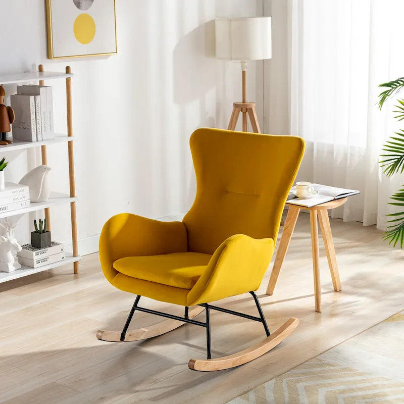 Fauteuil à bascule jaune moderne à dossier haut rembourré 33.1, pieds en bois d'hévéa et structure métallique