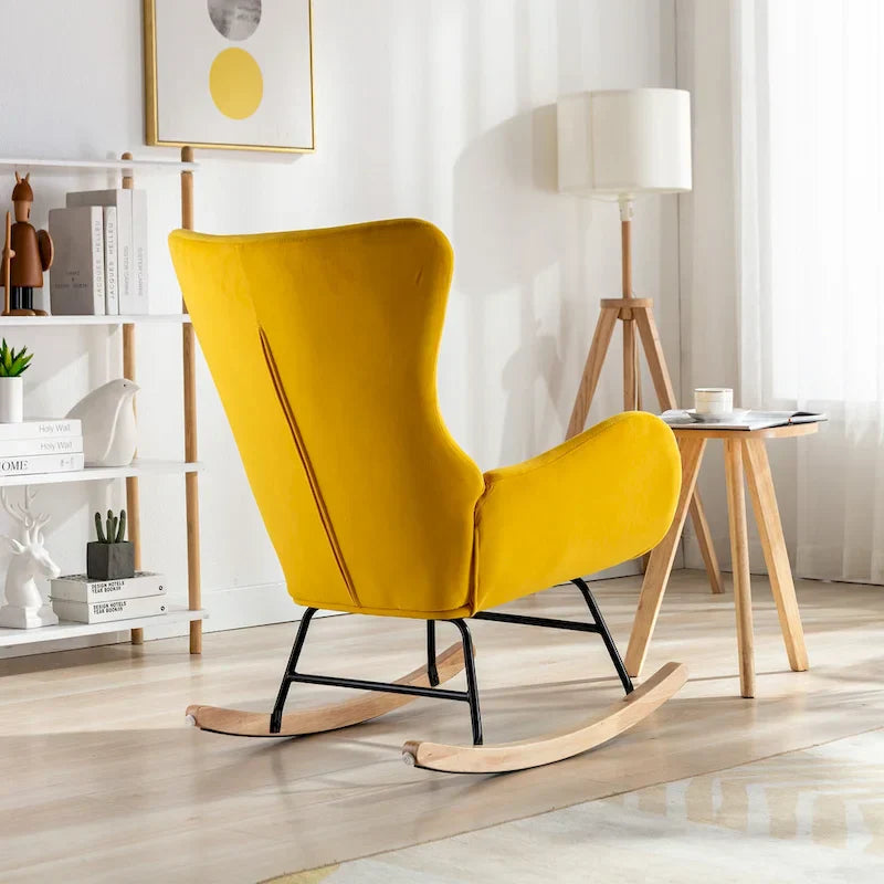 Fauteuil à bascule jaune moderne à dossier haut rembourré 33.1, pieds en bois d'hévéa et structure métallique