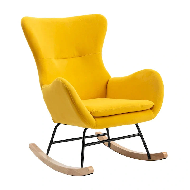 Fauteuil à bascule jaune moderne à dossier haut rembourré 33.1, pieds en bois d'hévéa et structure métallique