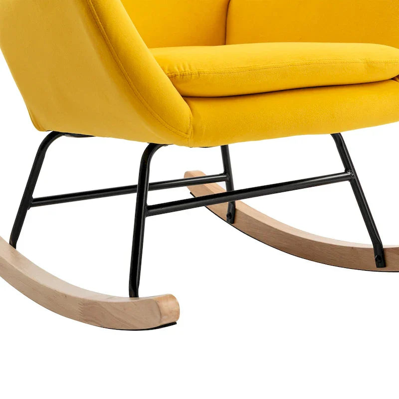 Fauteuil à bascule jaune moderne à dossier haut rembourré 33.1, pieds en bois d'hévéa et structure métallique