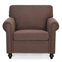 Fauteuil d'appoint marron moderne de 95 cm, rembourré, avec cadre en bois massif et clous décoratifs, pour salon