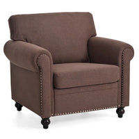 Fauteuil d'appoint marron moderne de 95 cm, rembourré, avec cadre en bois massif et clous décoratifs, pour salon