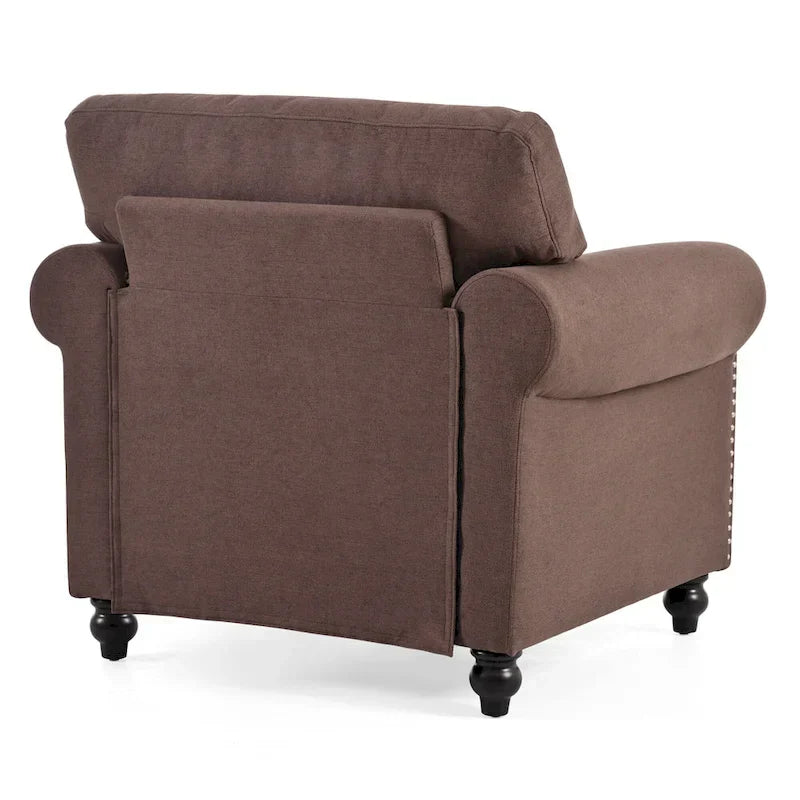 Fauteuil d'appoint marron moderne de 95 cm, rembourré, avec cadre en bois massif et clous décoratifs, pour salon