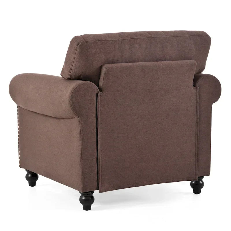 Fauteuil d'appoint marron moderne de 95 cm, rembourré, avec cadre en bois massif et clous décoratifs, pour salon