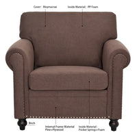 Fauteuil d'appoint marron moderne de 95 cm, rembourré, avec cadre en bois massif et clous décoratifs, pour salon