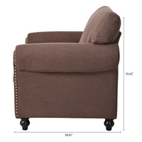 Fauteuil d'appoint marron moderne de 95 cm, rembourré, avec cadre en bois massif et clous décoratifs, pour salon