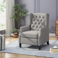 Fauteuil inclinable à pousser à dossier oreilles mid-century en tissu gris avec repose-pieds et dossier capitonné à boutons