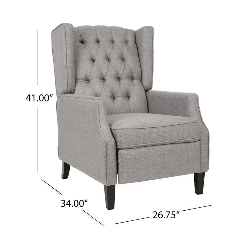 Fauteuil inclinable à pousser à dossier oreilles mid-century en tissu gris avec repose-pieds et dossier capitonné à boutons