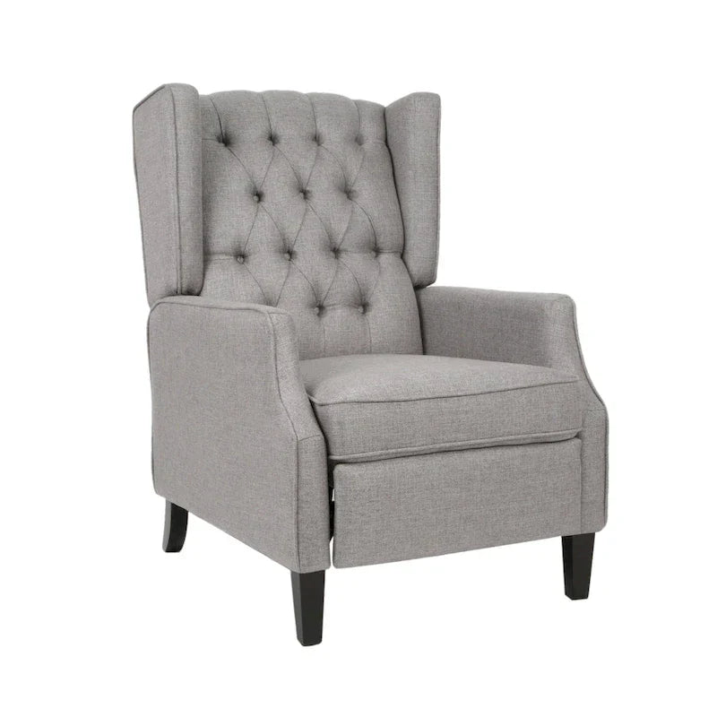 Fauteuil inclinable à pousser à dossier oreilles mid-century en tissu gris avec repose-pieds et dossier capitonné à boutons