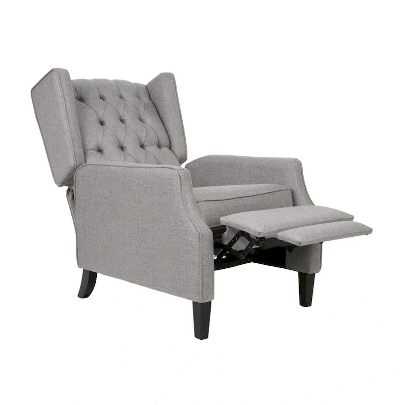 Fauteuil inclinable à pousser à dossier oreilles mid-century en tissu gris avec repose-pieds et dossier capitonné à boutons