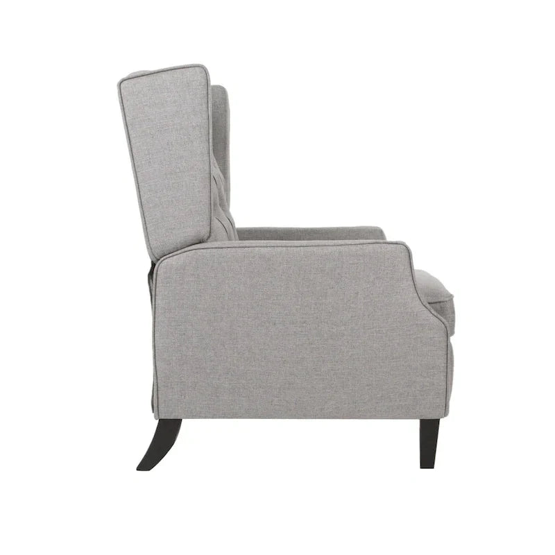 Fauteuil inclinable à pousser à dossier oreilles mid-century en tissu gris avec repose-pieds et dossier capitonné à boutons