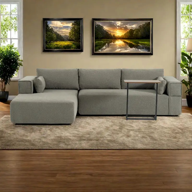 Canapé sectionnel modulable en bouclette 112 avec table d'appoint offerte, assise large et sans assemblage requis
