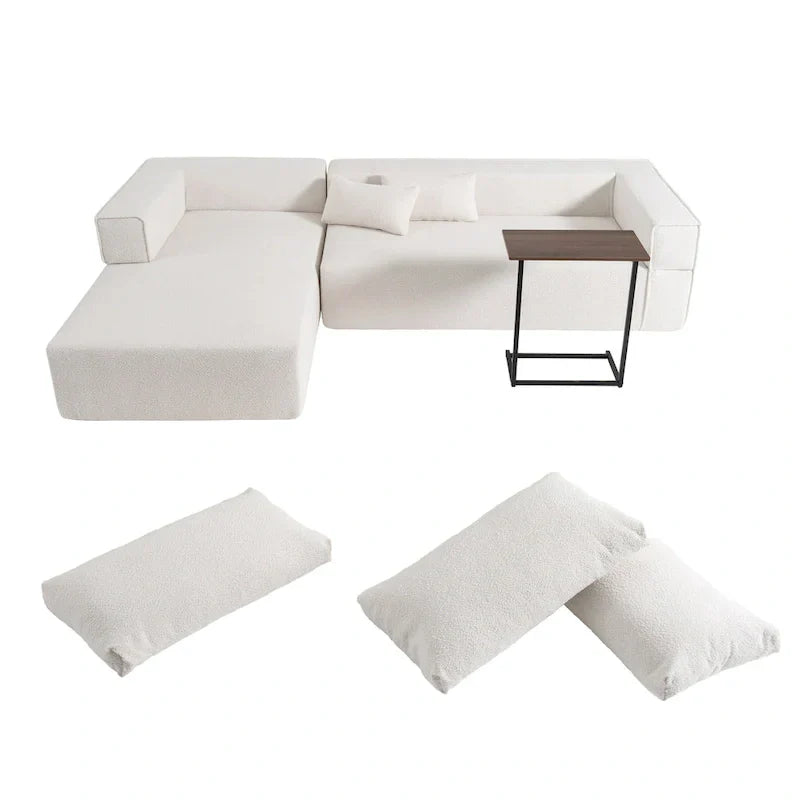 Canapé sectionnel modulable en bouclette 112 avec table d'appoint offerte, assise large et sans assemblage requis
